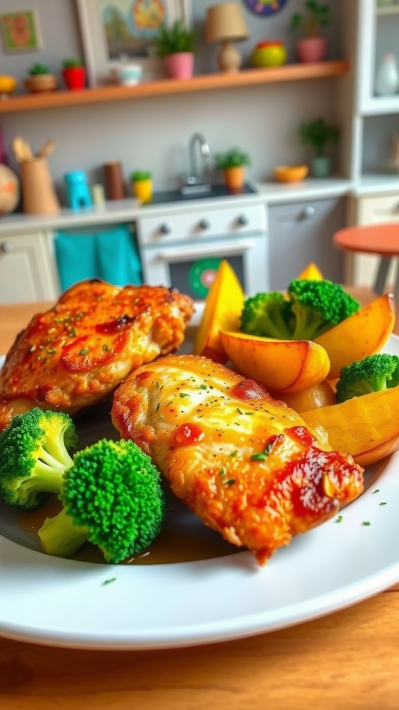 Delicious air-fried chicken with potato wedges and broccoli on a plate in a Sims 4 kitchen.